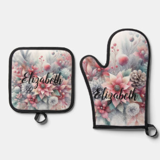 Monogramm-Name Weihnachten floral Pastell-Wasserfa Ofenhandschuh & Topflappen-Set