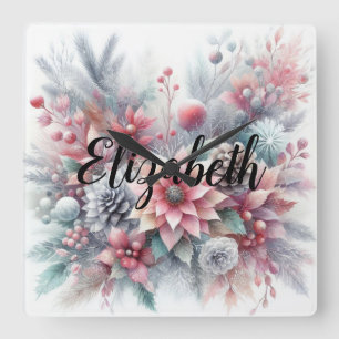 Monogramm-Name Weihnachten floral Pastell-Wasserfa Quadratische Wanduhr