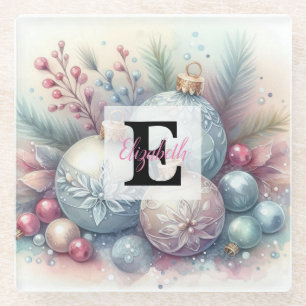 Monogramm Name Weihnachtsbaumschmuck Aquarell Glasuntersetzer