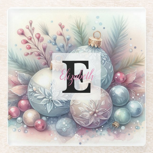 Monogramm Name Weihnachtsbaumschmuck Aquarell Glasuntersetzer (Vorderseite)