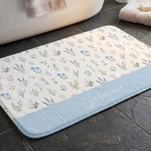 Monogramm Name Wildblume Blau Lavendel Boho Badematte
