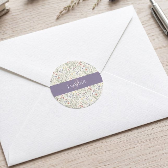 Monogramm Name Wildblume Boho Lavendel Mohnblumen Runder Aufkleber (Von Creator hochgeladen)