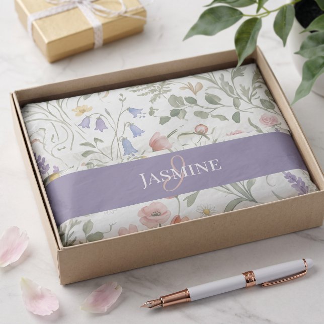 Monogramm Name Wildblume Boho Lavendel Mohnblumen Seidenpapier (Von Creator hochgeladen)