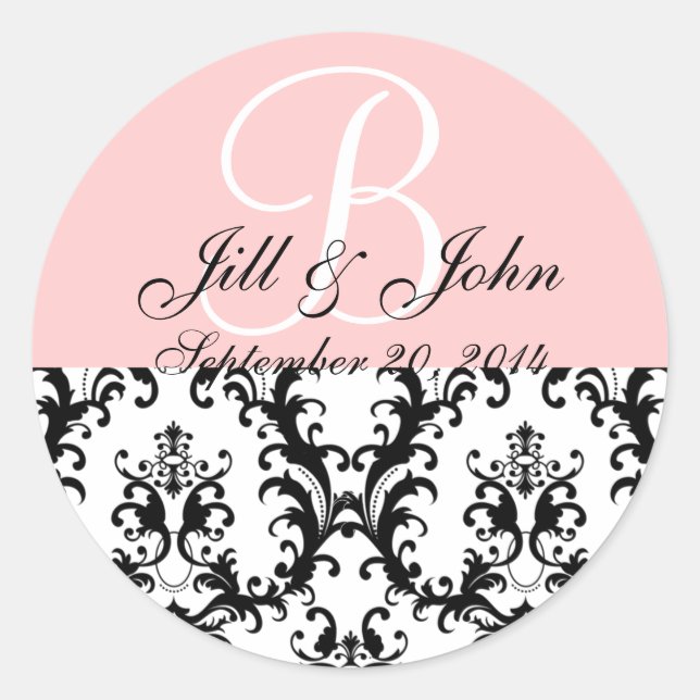 Monogramm-Namen Datum Damask Pink Hochzeitsticker Runder Aufkleber (Vorderseite)