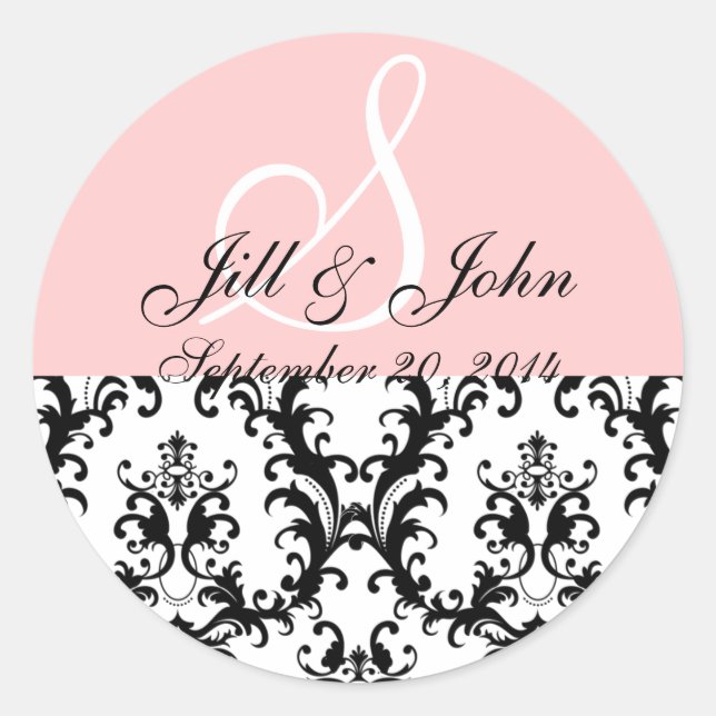 Monogramm-Namen Datum Damask Pink Hochzeitsticker Runder Aufkleber (Vorderseite)