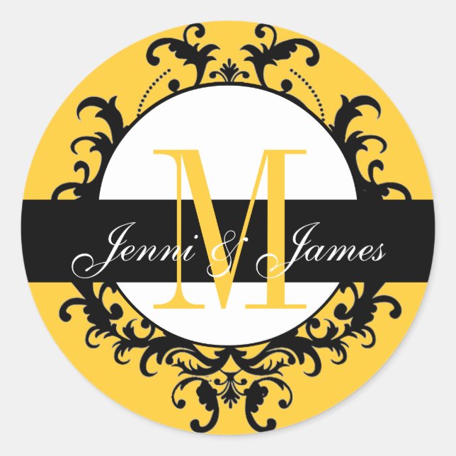 Monogramm-Namen für Hochzeiten Verziert Gelbe Besc Runder Aufkleber (Vorderseite)