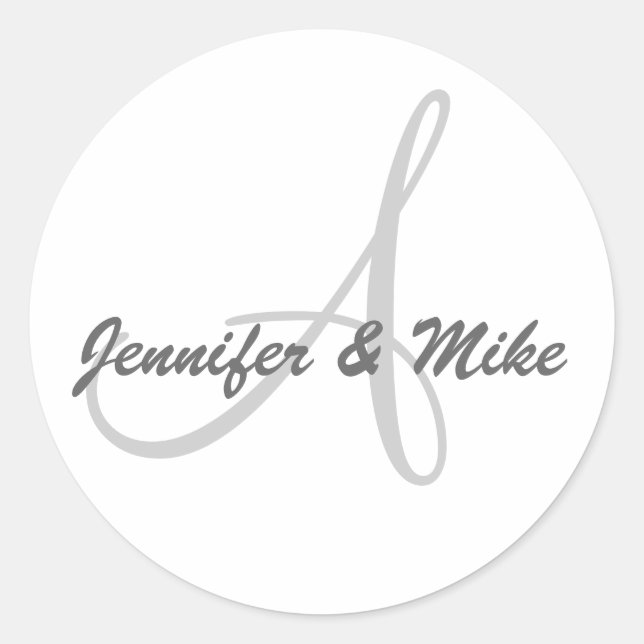 Monogramm-Namen und Erstkleber Weiß und Gery Runder Aufkleber (Vorderseite)