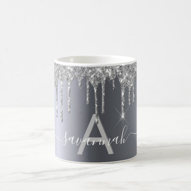 Monogramm-Namensskript für Silver Glitzer-Tropfen Kaffeetasse (Mittel)