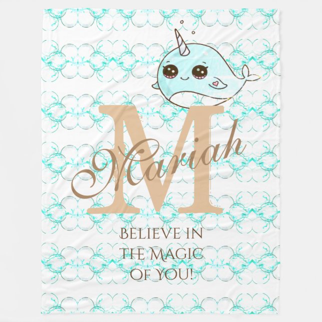 Monogramm Narwhal Fleece-Decken-Blau-Blasen Fleecedecke (Vorderseite)