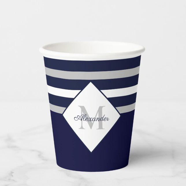 Monogramm Nautic Modern Navy Blue Gray Stripes P Pappbecher (Vorderseite)