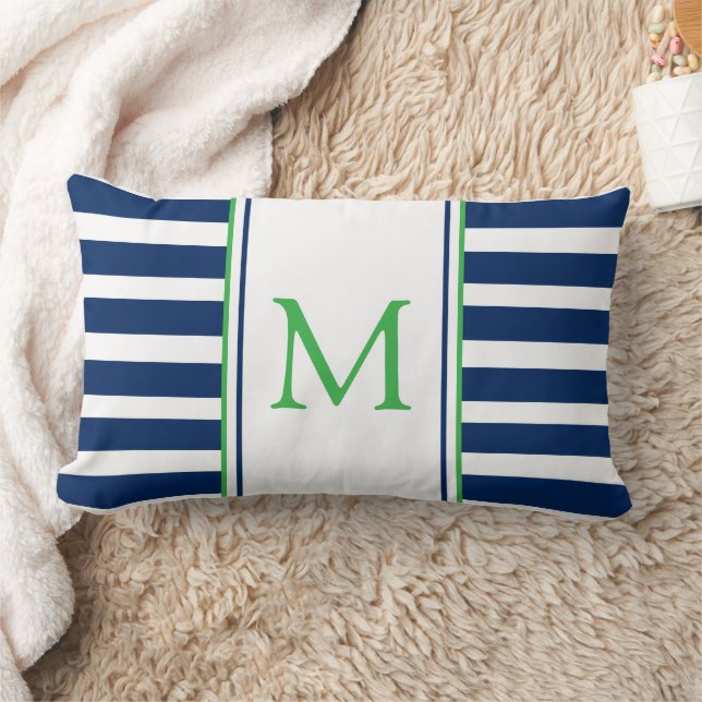 Monogramm Nautic Navy Blue und Green Strip Lendenkissen (Decke)