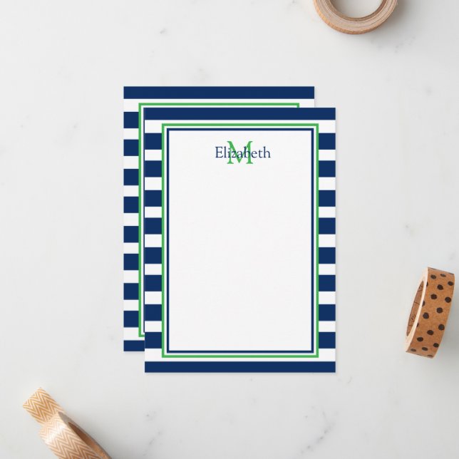 Monogramm Nautic Navy Blue und Green Strip Mitteilungskarte (Vorderseite/Rückseite Beispiel)