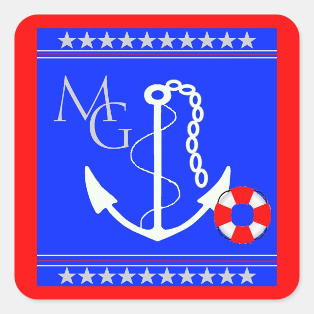 Monogramm Nautical-Anchor Quadratischer Aufkleber (Vorderseite)