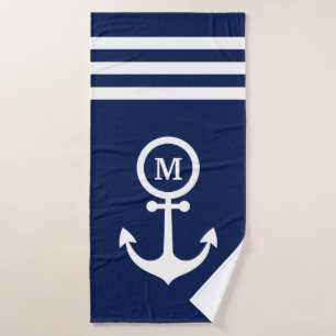 Monogramm Nautical Navy Blue Anker Streifen Custom Badehandtuch