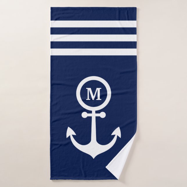 Monogramm Nautical Navy Blue Anker Streifen Custom Badehandtuch (Badehandtuch)
