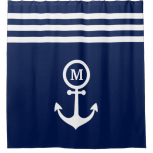 Monogramm Nautical Navy Blue Anker Streifen Custom Duschvorhang