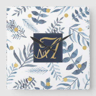 Monogramm Navy Blau Gold Botanische Blätter Farne Quadratische Wanduhr