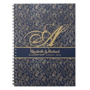 Monogramm Navy Blau Goldblatt Frischvermählte Hoch Notizblock