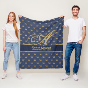 Monogramm Navy Blau Goldene Krone Königin Hochzeit Fleecedecke