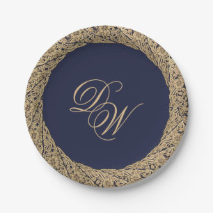 Monogramm Navy Blau Goldene Rosen Schrift Vintage Pappteller