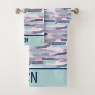 Monogramm Navy Blau Hellblau Lila Weiß Abstract Badhandtuch Set
