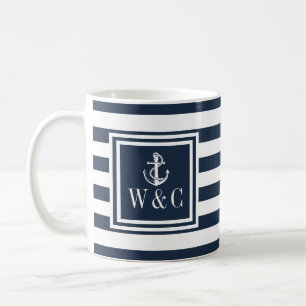 Monogramm Navy Blau Streifen Nautischer Bootsanker Kaffeetasse
