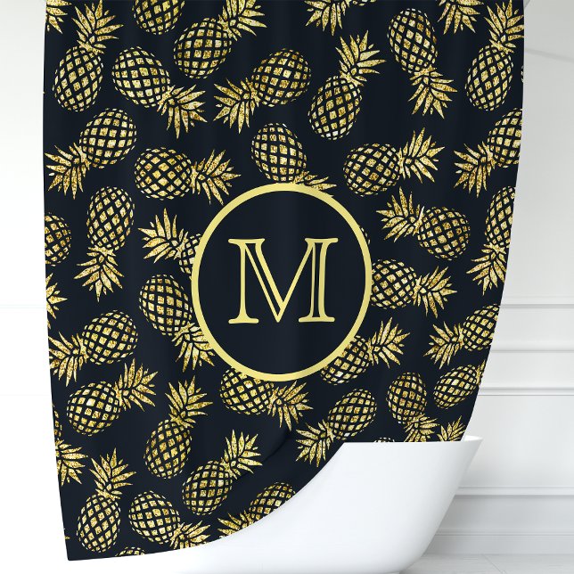 Monogramm Navy Blue and Gold Pineapa Duschvorhang (Von Creator hochgeladen)