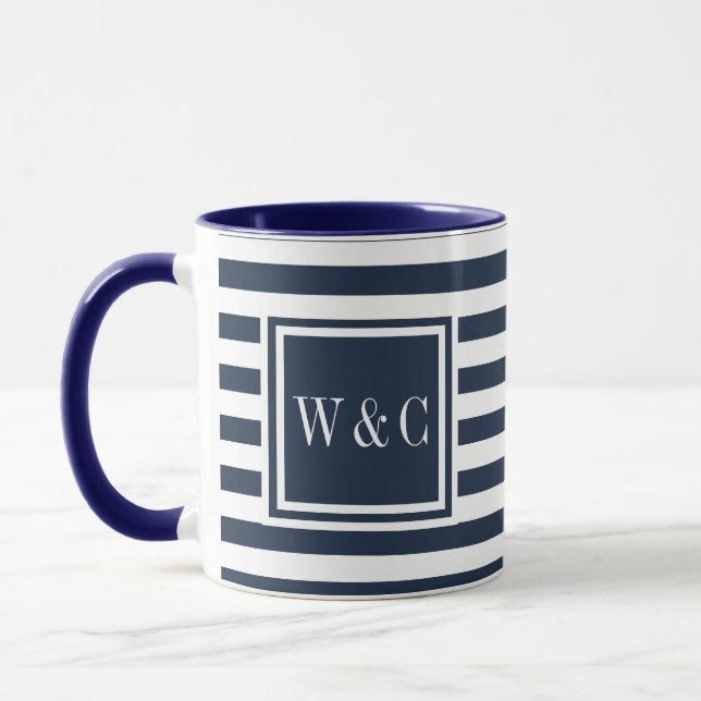 Monogramm Navy Blue and White Strip Tasse (Links)