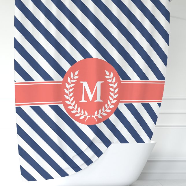 Monogramm Navy Blue & Coral Nautical Stripes Duschvorhang (Von Creator hochgeladen)