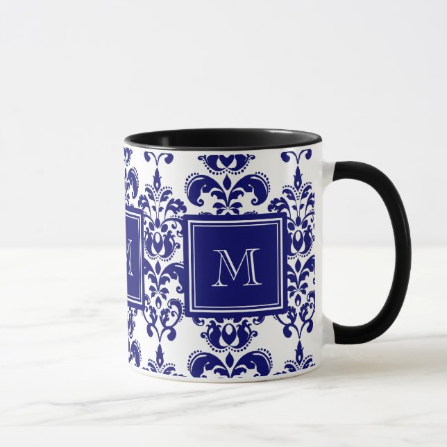 Monogramm, Navy Blue Damask Muster 2 Tasse (Rechts)