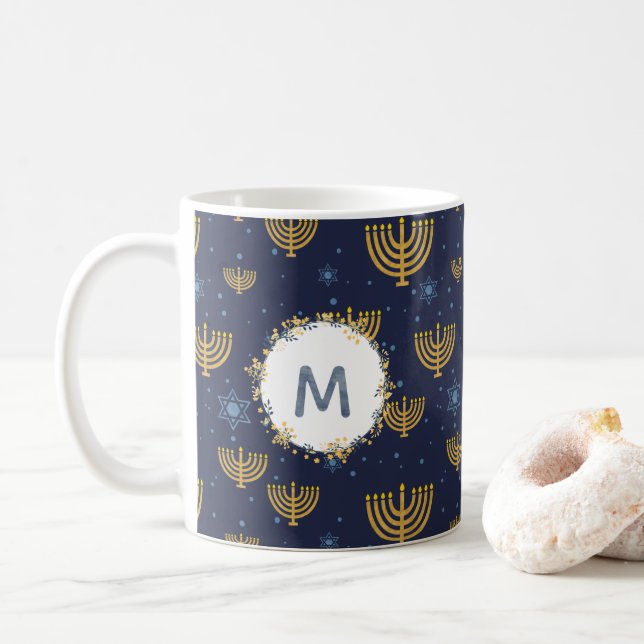 Monogramm Navy Blue / Hanukkah Muster Kaffeetasse (Mit Donut)