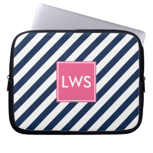Monogramm Navy Blue Nautic Stripes Laptopschutzhülle