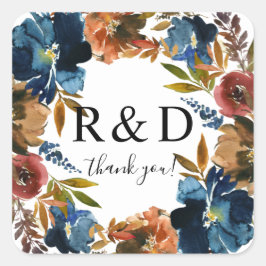Monogramm Navy Blue, Orange und Brown Floral Quadratischer Aufkleber