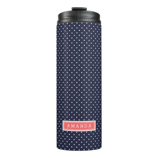 Monogramm Navy Blue und Coral Tiny Dots Thermosbecher (Vorderseite)