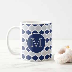Monogramm Navy Blue und Grau Quatrefolie Kaffeetasse