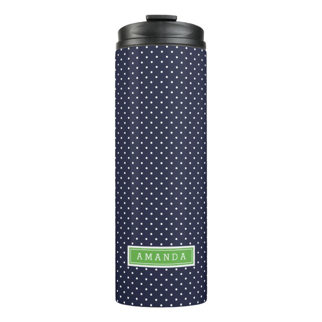 Monogramm Navy Blue und Green Tiny Dots Thermosbecher (Vorderseite)