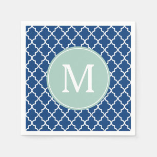 Monogramm Navy Blue und Minze Green Quatrefolie Serviette