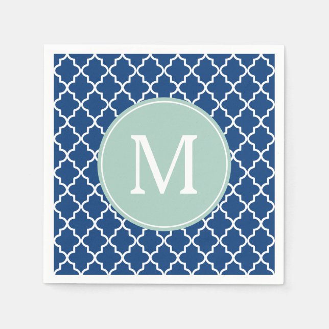 Monogramm Navy Blue und Minze Green Quatrefolie Serviette (Vorderseite)