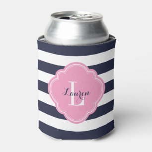 Monogramm Navy Blue und Pink Preppy Strips Dosenkühler