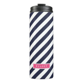 Monogramm Navy Blue und Pink Preppy Strips Thermosbecher