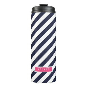 Monogramm Navy Blue und Pink Preppy Strips Thermosbecher