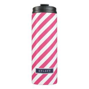 Monogramm Navy Blue und Pink Preppy Strips Thermosbecher