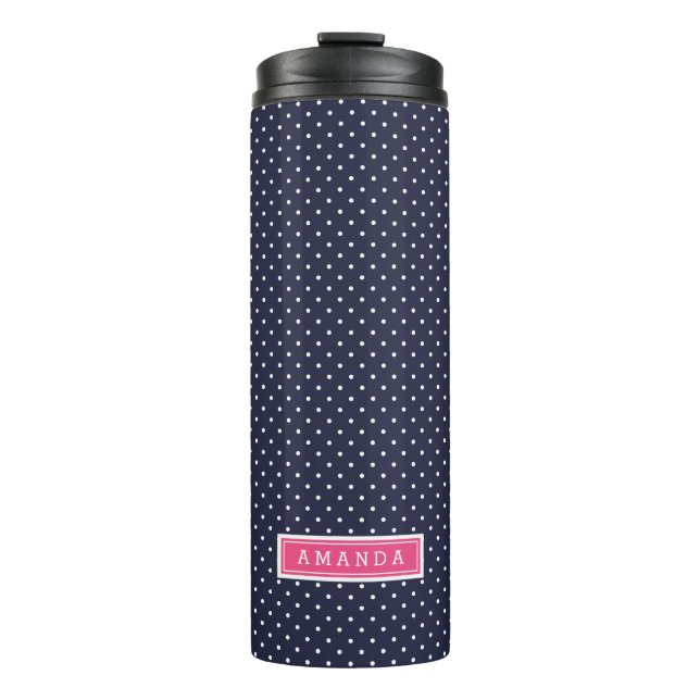 Monogramm Navy Blue und Pink Tiny Dots Thermosbecher (Vorderseite)