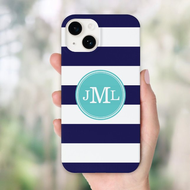 Monogramm Navy Blue und Türkise Wide Strips Case-Mate iPhone Hülle (Von Creator hochgeladen)