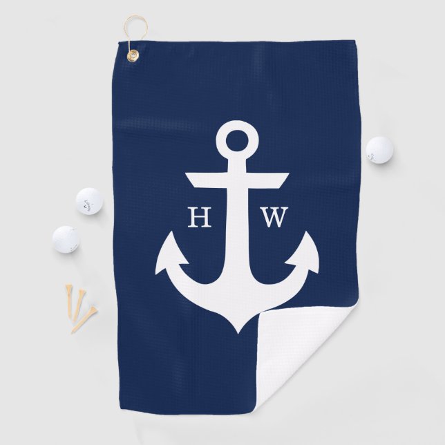 Monogramm Navy Blue und White Anchor Golfhandtuch (Insitu)
