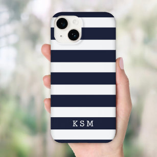 Monogramm Navy Blue und White Classic Stripes Case-Mate iPhone 14 Pro Max Hülle