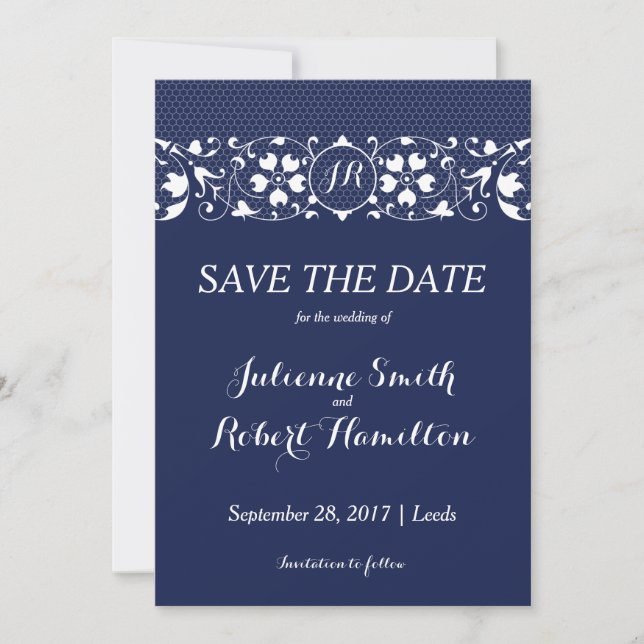 Monogramm Navy Blue und White Lace Save the Date (Vorderseite)