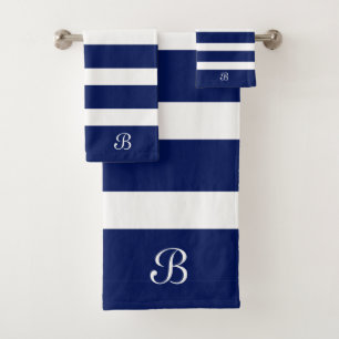 Monogramm Navy Blue & White Streifen Badhandtuch Set