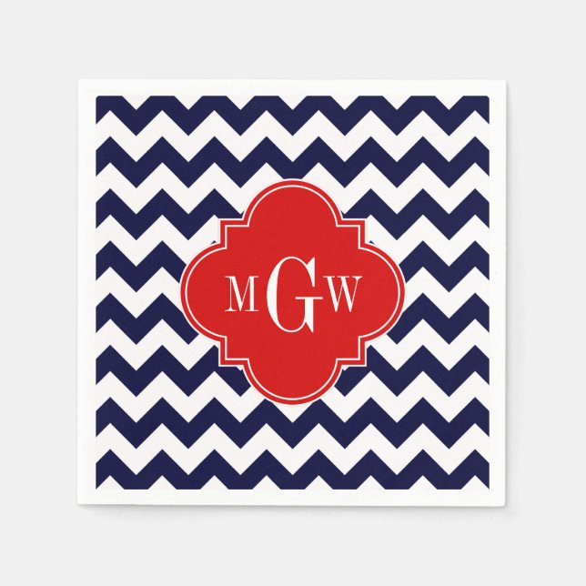 Monogramm Navy White Zickzack Red Quatrefoil 3 Serviette (Vorderseite)