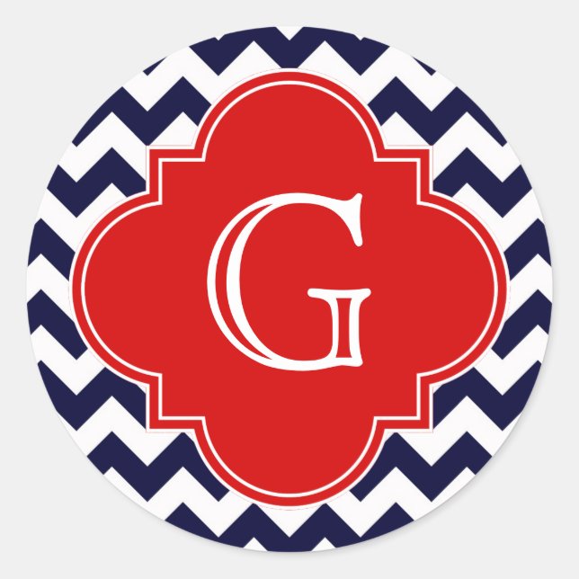 Monogramm Navy White Zickzack Red Quatrefoil Runder Aufkleber (Vorderseite)